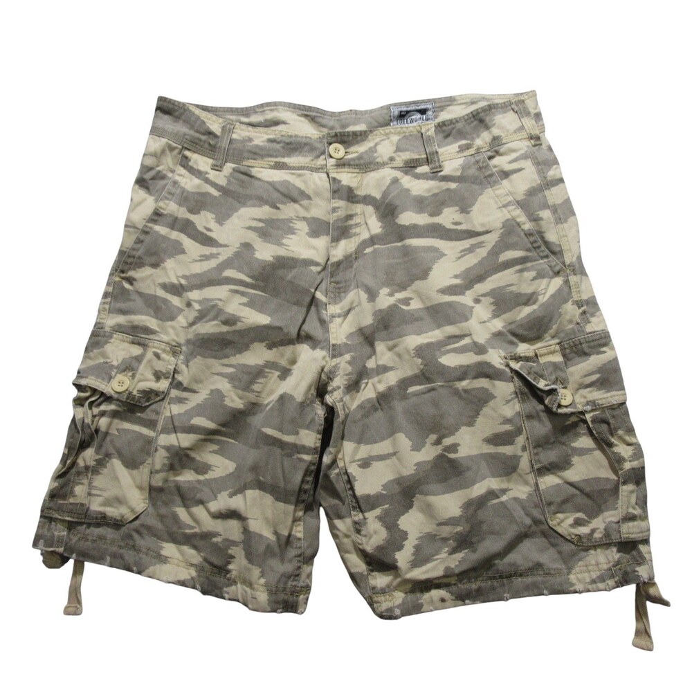 Freeworld Mens Cargo Shorts 34 x 10 Beige Camouflage Stretch Cotton